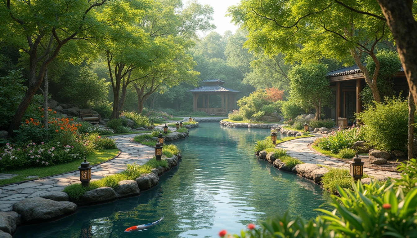 Prompt: Serenity gardens, peaceful water features, lush greenery, vibrant flowers, meandering paths, natural stone walkways, wooden benches, lanterns, tranquil ponds, koi fish, gentle streams, soft rustling sounds, warm sunny day, dappled shade, 1/1 composition, symmetrical framing, real-time rendering, realistic textures, ambient occlusion.