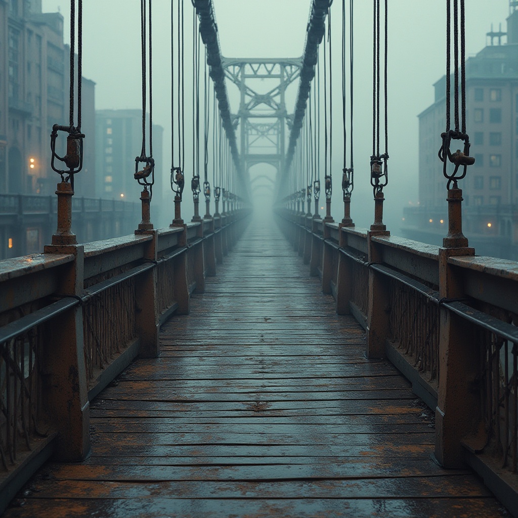 Prompt: Rustic steel bridges, weathered wooden planks, reinforced concrete piers, durable railings, sturdy suspension cables, rugged stone foundations, industrial-style lamps, misty atmospheric lighting, 1/2 composition, shallow depth of field, realistic textures, ambient occlusion.