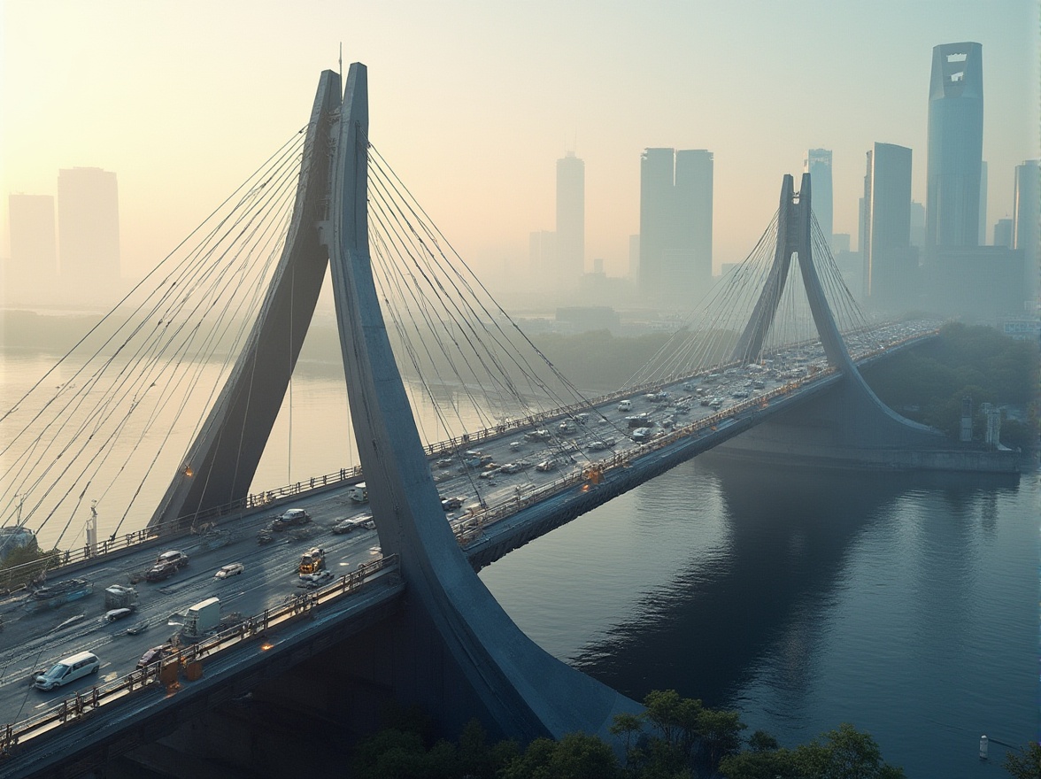 Prompt: Futuristic bridge architecture, sleek metal beams, angular lines, minimalist design, high-strength steel cables, suspension systems, modern urban landscape, city skyline, misty morning atmosphere, soft warm lighting, shallow depth of field, 3/4 composition, panoramic view, realistic metallic textures, ambient occlusion, complex geometric shapes, innovative materials, LED lighting systems, dynamic color schemes, urban riverbanks, industrial heritage sites.