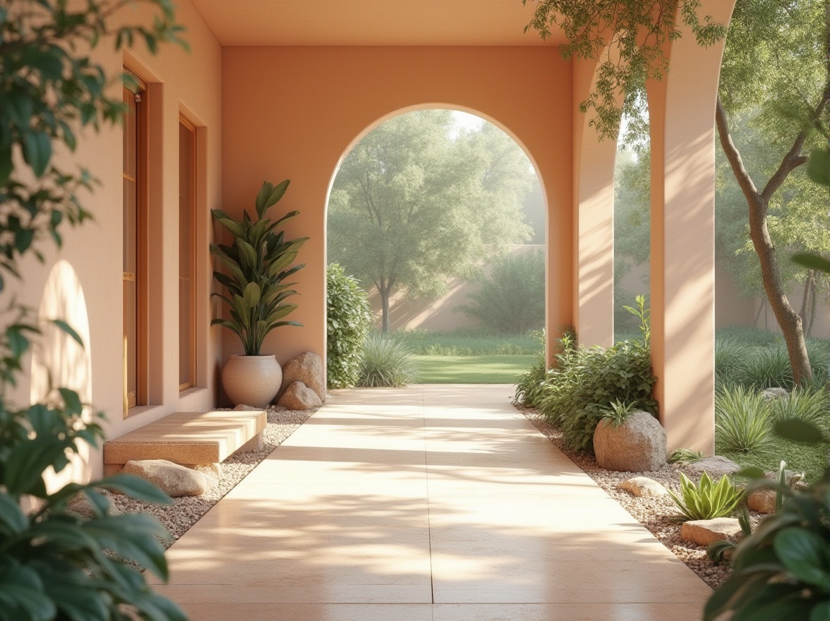 Prompt: Soft peach tones, creamy whites, gentle sage greens, warm beige accents, rich wood textures, natural stone foundations, serene botanical gardens, sunny afternoon light, shallow depth of field, 3/4 composition, soft focus, realistic rendering, ambient occlusion.