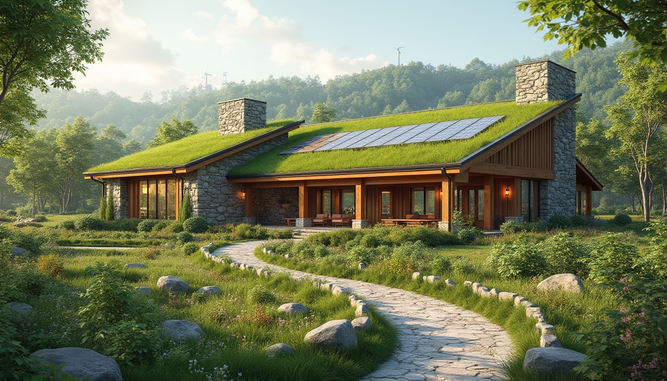 Prompt: Eco-friendly buildings, lush green roofs, solar panels, wind turbines, natural stone facades, reclaimed wood accents, energy-efficient systems, rainwater harvesting, grey water reuse, organic gardens, native plant species, butterfly habitats, birdhouses, insect hotels, serene outdoor spaces, shaded walkways, misting systems, soft warm lighting, shallow depth of field, 3/4 composition, panoramic view, realistic textures, ambient occlusion.