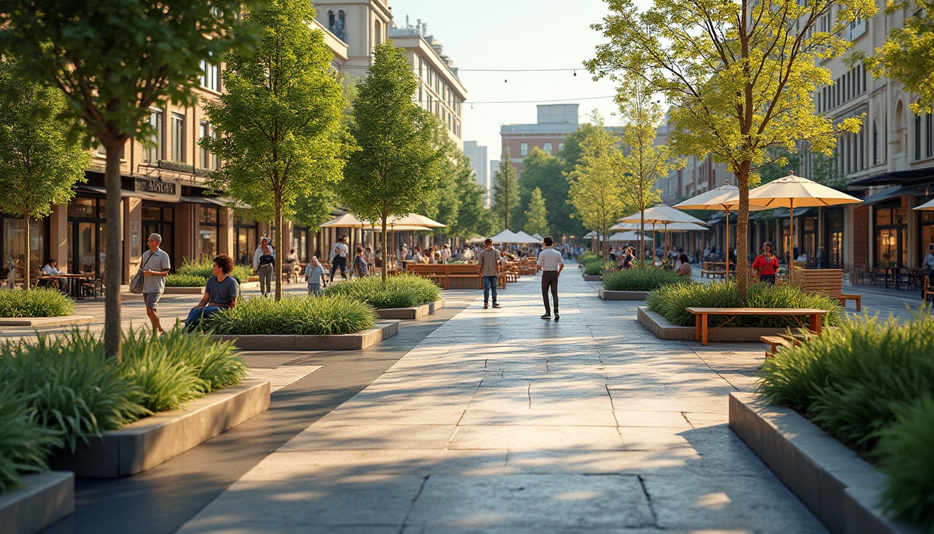 Prompt: Vibrant public plaza, lush greenery, modern street furniture, pedestrian-friendly walkways, dynamic water features, interactive art installations, amphitheater-style seating, community event spaces, eclectic food vendors, bustling atmosphere, warm sunny day, soft natural lighting, 1/1 composition, shallow depth of field, realistic textures, ambient occlusion.