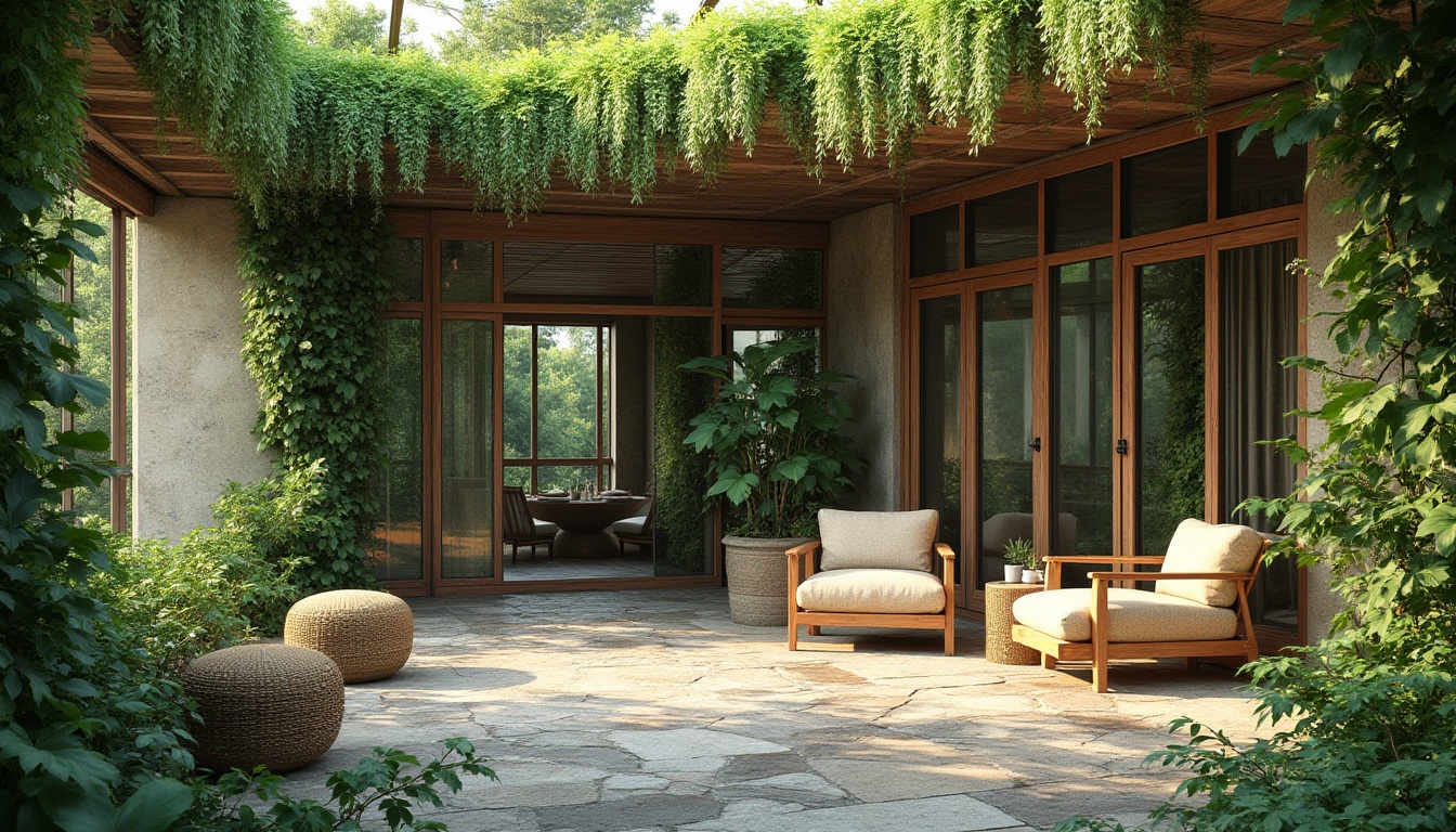 Prompt: Lush green walls, living roofs, natural stone floors, reclaimed wood accents, large windows, sliding glass doors, panoramic views, indoor plants, organic shapes, earthy color palette, natural textiles, wicker furniture, ambient lighting, soft shadows, 1/1 composition, realistic materials, subtle animations, serene atmosphere, connection to outdoors, calming ambiance.