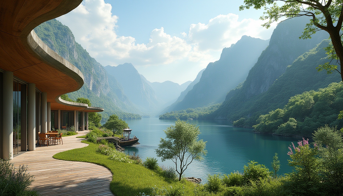 Prompt: Sweeping mountain ranges, serene lakeside scenery, lush green forests, meandering walking trails, organic building forms, natural stone walls, curved wooden beams, expansive glass facades, minimalist modern architecture, seamless interior-exterior transitions, abundant natural light, soft diffused shadows, vibrant wildflowers, weathered wooden decks, rustic outdoor furniture, 1/1 composition, atmospheric perspective, realistic foliage textures, subtle mist effects.