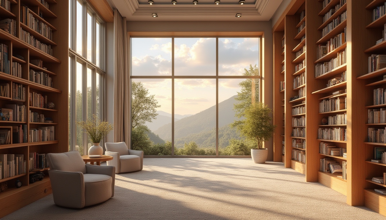 Prompt: \Cozy library interior, abundant natural light, floor-to-ceiling windows, wooden shelves, comfortable reading nooks, plush armchairs, warm beige colors, soft carpeting, subtle textures, elegant architectural details, high ceilings, open spaces, calming atmosphere, gentle morning light, warm afternoon sunbeams, dramatic cloud formations, subtle shadows, realistic materials, ambient occlusion, 1/1 composition, shallow depth of field, panoramic view.\