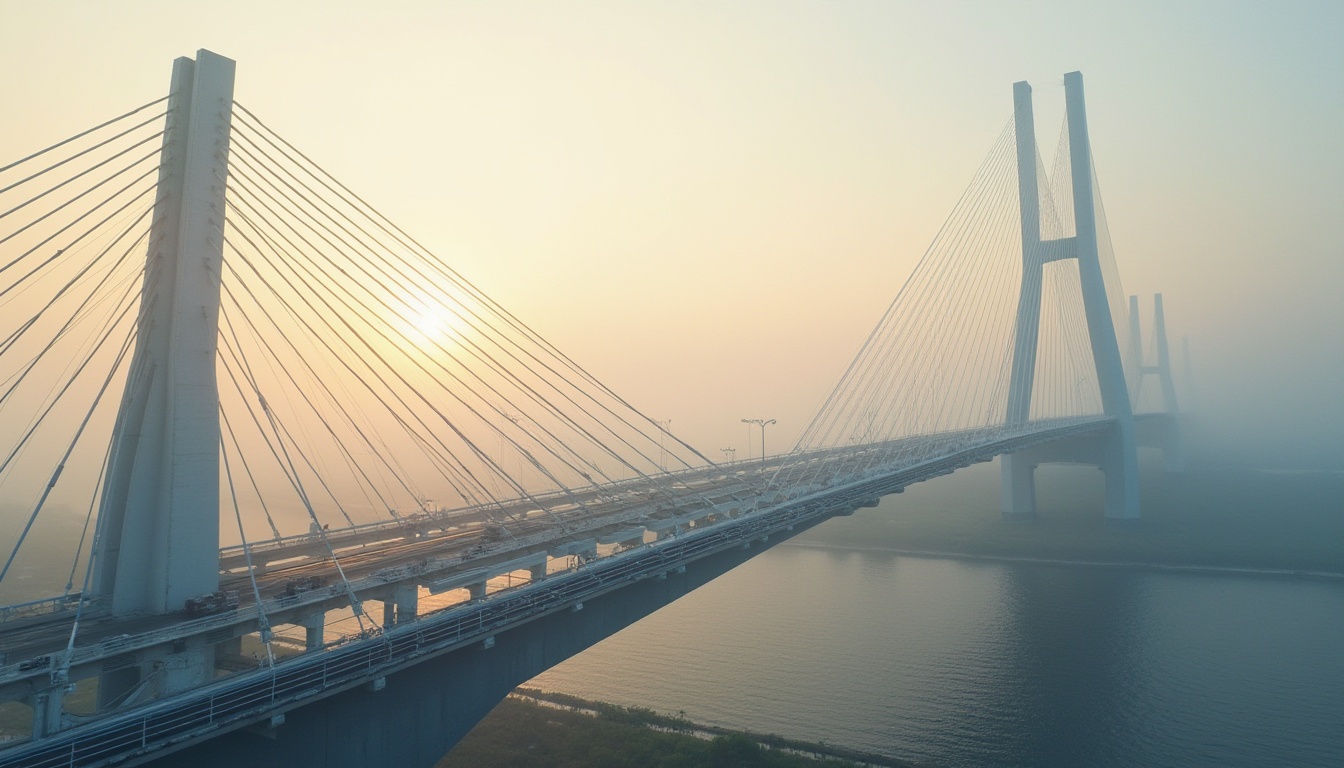 Prompt: Modern suspension bridge, sleek steel cables, minimalist piers, gentle arches, urban skyline, misty morning, warm golden lighting, soft focus, shallow depth of field, 1/2 composition, realistic metallic textures, ambient occlusion, vibrant blue accents, bold silver beams, crisp white railings, weathered concrete foundations, industrial materials, functional design, structural simplicity.