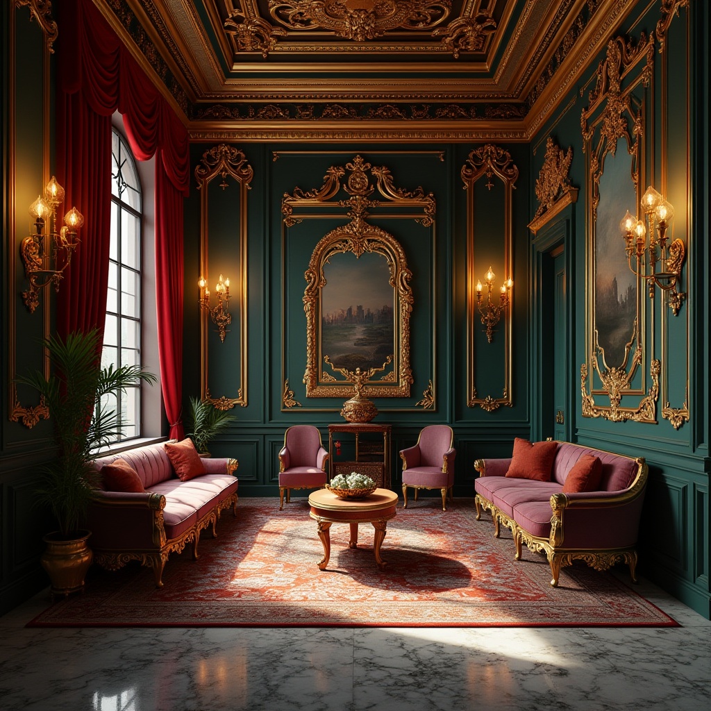 Prompt: Luxurious golden accents, rich velvety reds, majestic blues, opulent emerald greens, lavish purples, intricate marble textures, ornate gilded details, dramatic chiaroscuro lighting, intense warm shadows, regal furnishings, lavish drapery, grandiose architectural elements, flamboyant ornamentation, 3/4 composition, low-angle shot, cinematic atmosphere, highly detailed renderings.