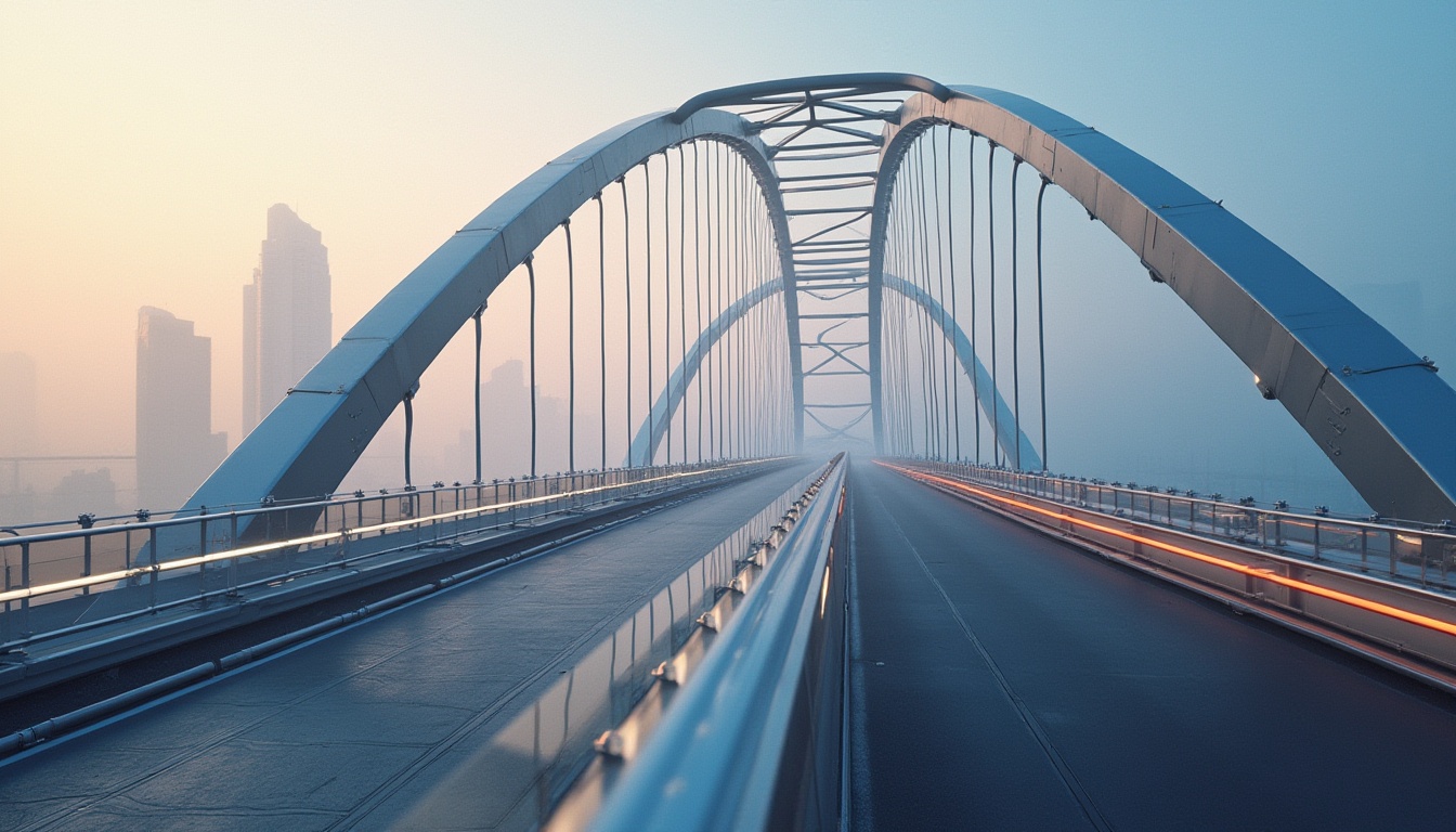 Prompt: Futuristic bridge design, sleek metal arches, suspension cables, LED lighting systems, gleaming steel beams, modern pedestrian walkways, glass railings, urban cityscape, misty morning atmosphere, soft warm lighting, shallow depth of field, 3/4 composition, realistic reflections, ambient occlusion, high-tech materials, minimalist aesthetic, geometric shapes, angular lines, vibrant blue accents, dynamic motion blur.