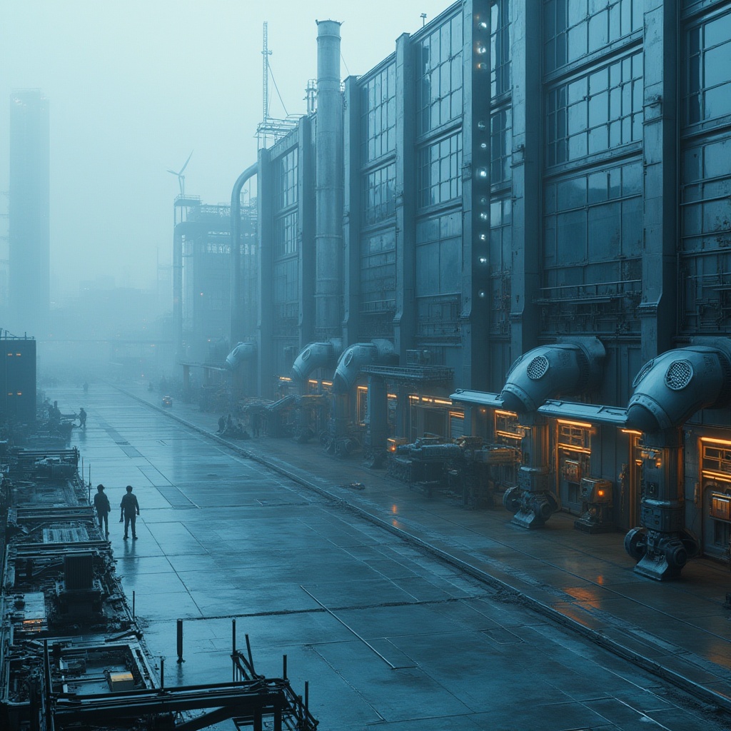 Prompt: Futuristic factory building, industrial metallic facade, neon light strips, glowing accents, angular geometric shapes, exposed steel beams, mechanical pipes, urban cityscape, misty atmosphere, soft blue lighting, shallow depth of field, 3/4 composition, panoramic view, realistic metallic textures, ambient occlusion, robotic assembly lines, high-tech machinery, innovative production systems, sustainable energy harvesting, solar panels, wind turbines, modern minimalist interior design, industrial chic aesthetics, exposed ductwork, polished concrete floors.