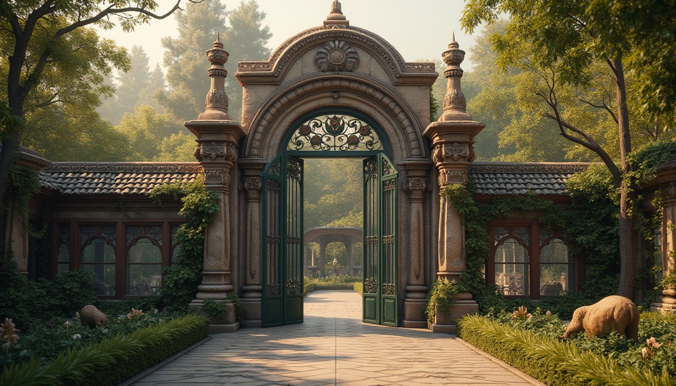 Prompt: Intricate zoo enclosures, ornate ironwork, rustic stone walls, lush greenery, exotic animal habitats, naturalistic landscaping, Victorian-era inspired architecture, grand entrance gates, decorative roof tiling, carved wooden doors, majestic columns, archaic sculptures, warm golden lighting, soft focus, shallow depth of field, 2/3 composition, realistic textures, ambient occlusion.