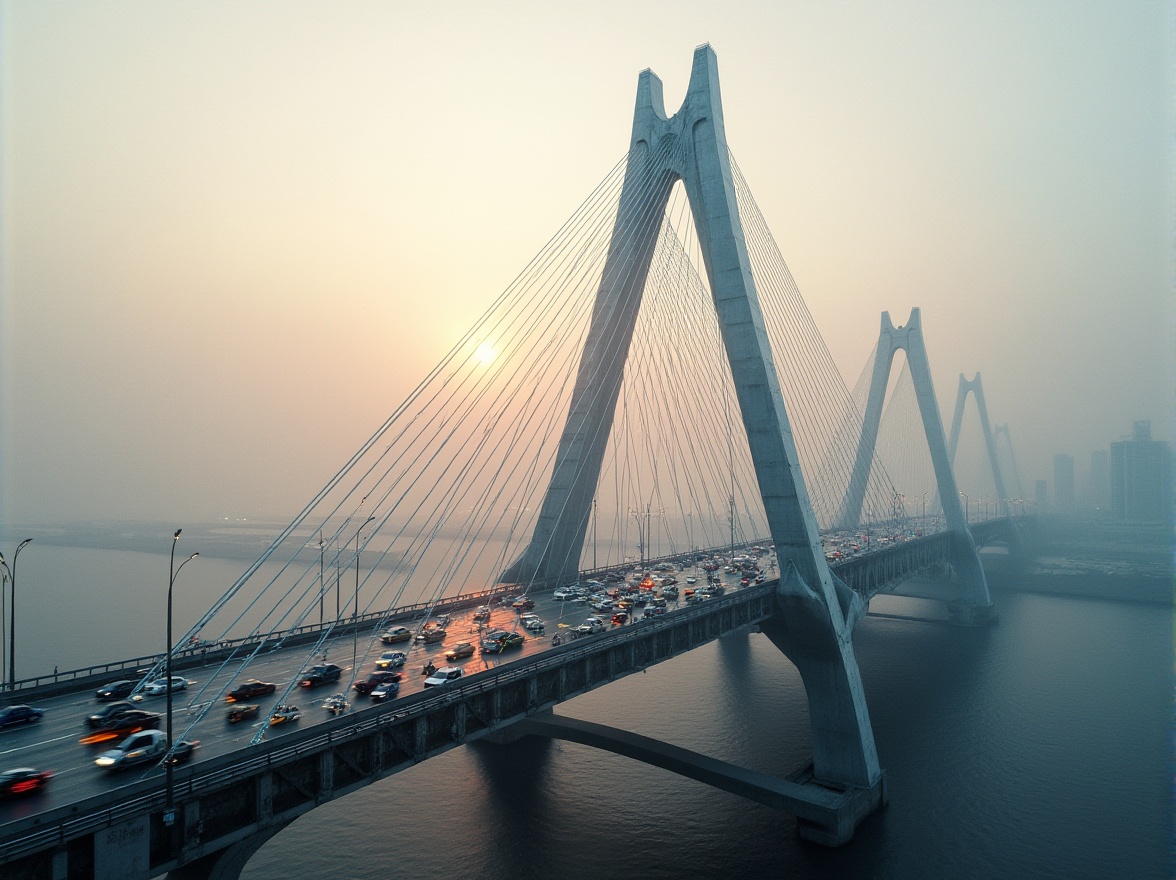 Prompt: Futuristic bridge, sleek metal beams, cable-stayed design, suspension cables, angular lines, minimalist aesthetic, high-strength concrete piers, cantilevered sections, LED lighting systems, dynamic color schemes, urban cityscape, busy traffic flow, misty morning atmosphere, soft warm glow, shallow depth of field, 3/4 composition, panoramic view, realistic metallic textures, ambient occlusion.