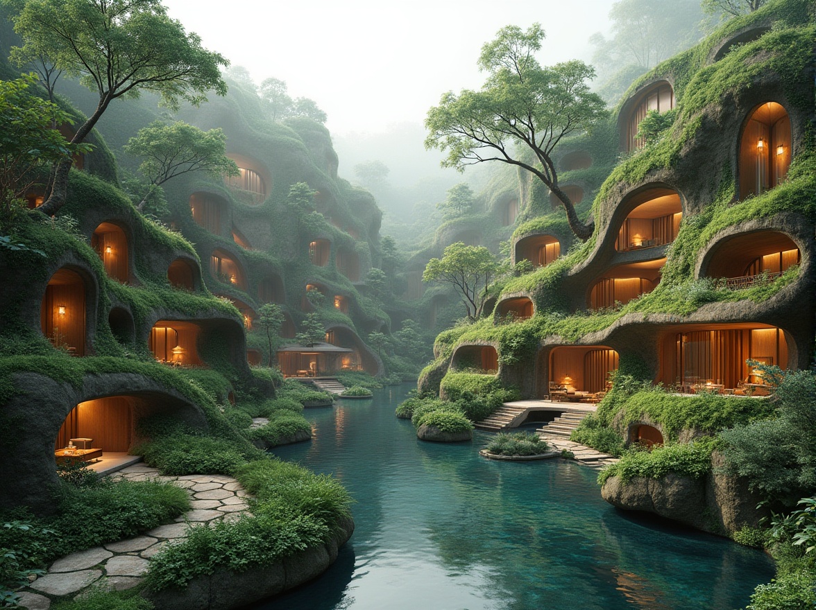 Prompt: Organic buildings, curvaceous lines, lush green roofs, verdant walls, natural stone facades, reclaimed wood accents, earthy tones, biomimetic structures, winding walkways, serene water features, koi ponds, floating gardens, misty atmosphere, soft diffused lighting, 1/1 composition, symmetrical framing, shallow depth of field, ambient occlusion.Let me know if this meets your requirements!