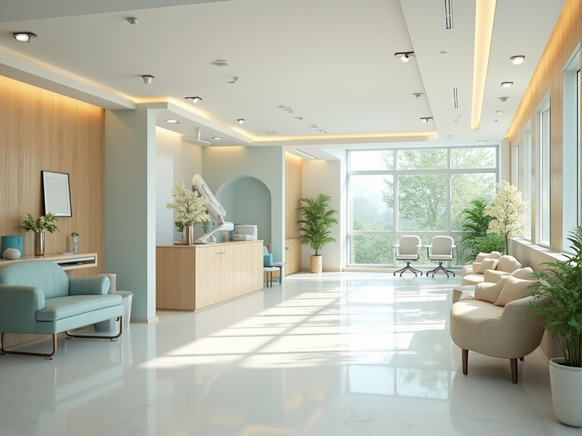 Prompt: Soothing healthcare facility, calming atmosphere, gentle pastel hues, creamy whites, soft blues, muted greens, natural wood accents, comfortable seating areas, warm lighting, subtle texture patterns, minimalist decor, peaceful waiting rooms, serene corridors, private consultation rooms, state-of-the-art medical equipment, clean lines, modern architecture, abundant natural light, panoramic views, shallow depth of field, 3/4 composition.