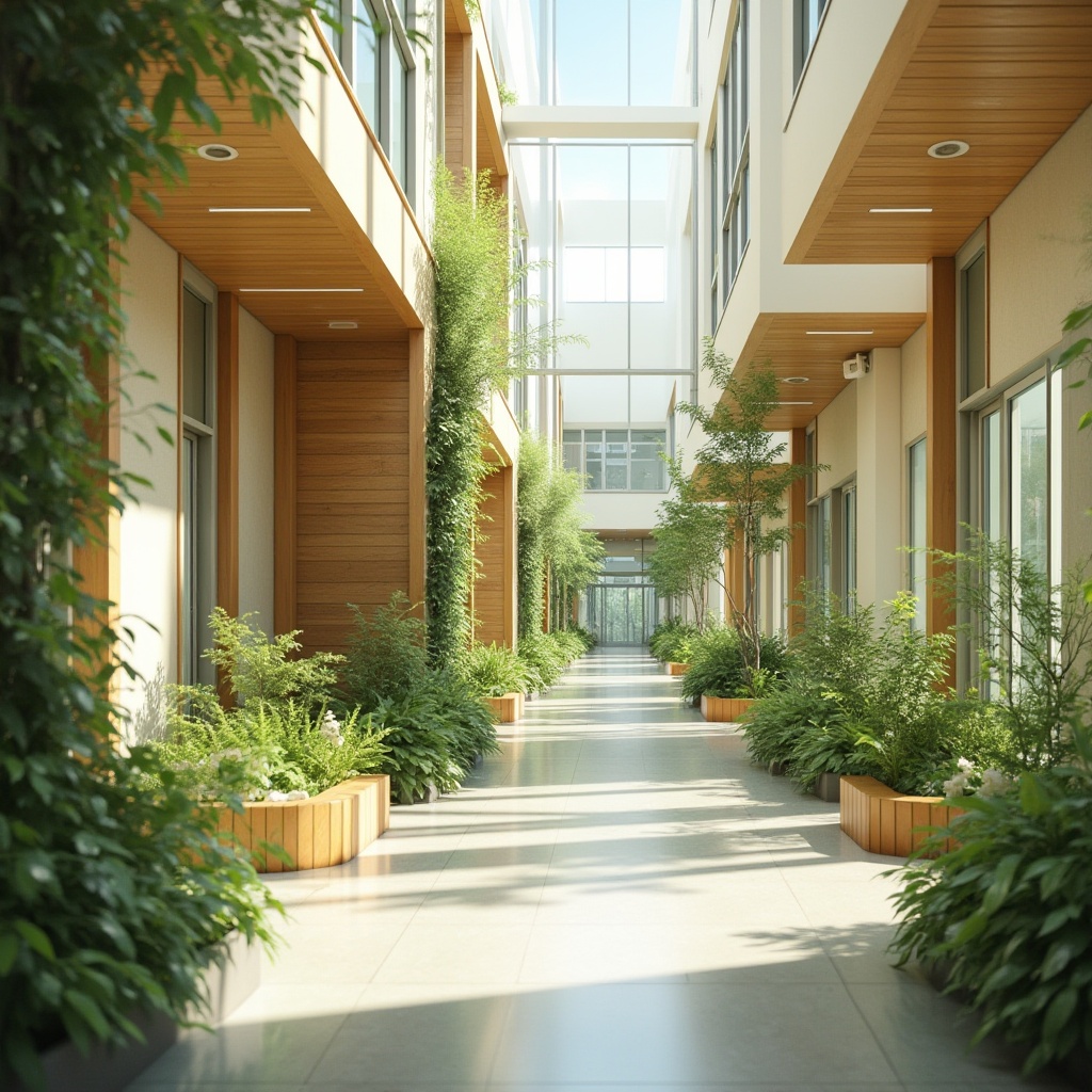 Prompt: Natural light-filled hospital corridors, calming green walls, reclaimed wood accents, low-VOC paints, recycled plastic furniture, energy-efficient LED lighting, solar panels, rainwater harvesting systems, living roofs, native plant species, serene water features, minimalist design, circular layout, warm beige tones, soft indirect lighting, shallow depth of field, 1/2 composition, realistic textures, ambient occlusion.