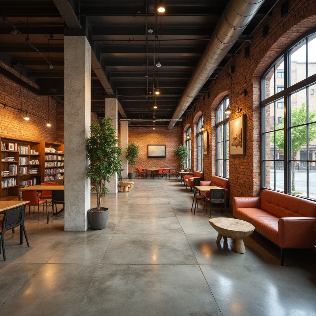 Prompt: Vibrant community center, exposed brick walls, polished concrete floors, wooden accent panels, comfortable seating areas, natural stone columns, industrial metal beams, eclectic artwork displays, cozy reading nooks, warm ambient lighting, shallow depth of field, 3/4 composition, realistic textures, ambient occlusion.