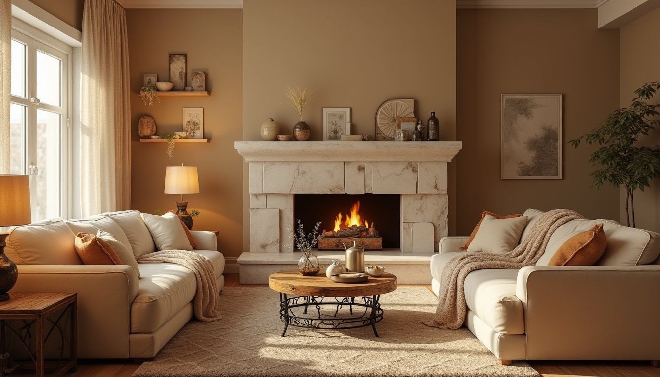 Prompt: Cozy living room, warm beige walls, plush velvet sofas, rustic wooden coffee tables, vintage metal lamps, soft cream-colored curtains, natural stone fireplaces, comfy throw blankets, aromatic essential oils, warm golden lighting, shallow depth of field, 1/1 composition, realistic textures, ambient occlusion.