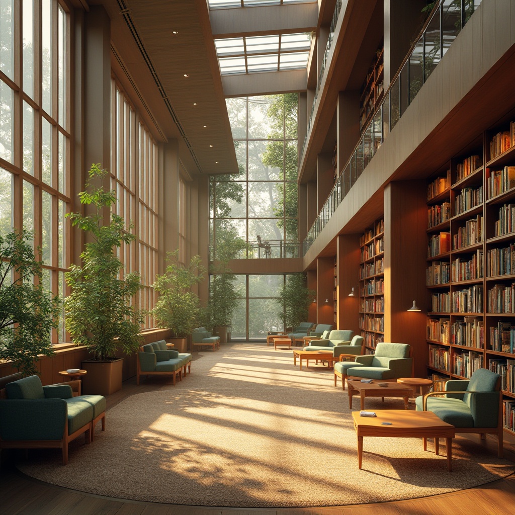 Prompt: Serene library interior, abundant natural light, floor-to-ceiling windows, wooden shelving units, comfortable reading nooks, plush carpets, earthy color palette, minimalist decor, modern architecture, clerestory windows, soft warm lighting, shallow depth of field, 3/4 composition, realistic textures, ambient occlusion.