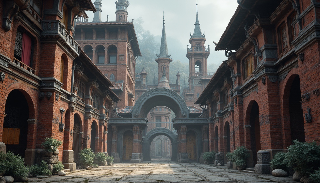 Prompt: Rustic brick arches, robust steel beams, sleek concrete columns, ornate wooden trusses, grand entrance gates, intricate stone carvings, majestic clock towers, vibrant mosaic patterns, sturdy metal scaffolding, dramatic cantilevered roofs, imposing fortress-like walls, atmospheric misty lighting, 1/1 composition, symmetrical framing, realistic material textures, ambient shadowing.