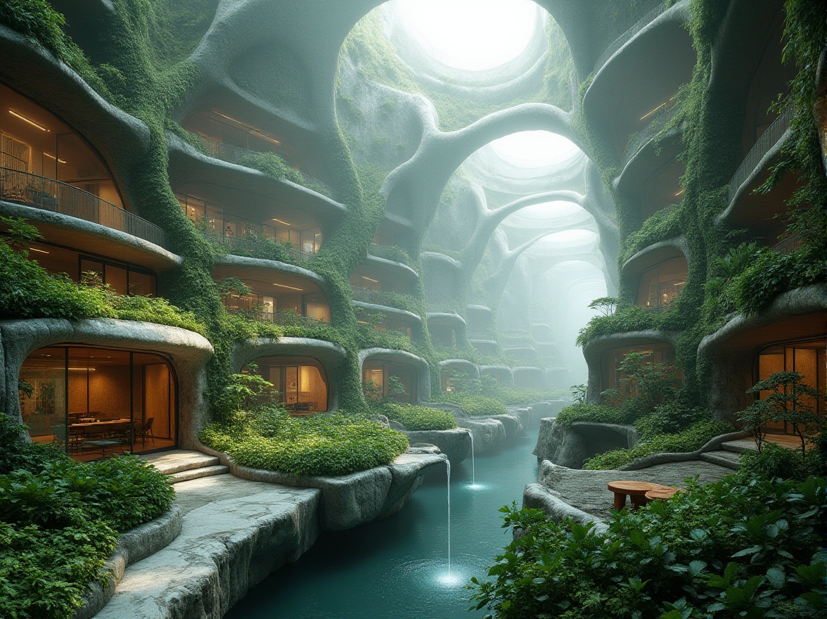 Prompt: Oversized organic forms, undulating curves, vibrant green walls, living roofs, lush vegetation, meandering pathways, natural stone pavilions, misty water features, biomimetic structures, kinetic fa\u00e7ades, adaptive shading systems, solar-powered canopies, bioluminescent accents, futuristic lighting installations, atmospheric misting, 3/4 composition, shallow depth of field, panoramic view, realistic textures, ambient occlusion.