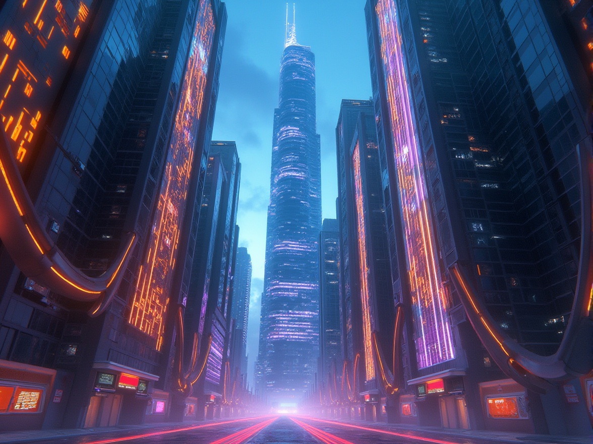 Prompt: Monumental buildings, futuristic skyscrapers, sleek metallic accents, vibrant neon lights, luminescent LED strips, iridescent glass facades, holographic projections, electric blue hues, fiery orange tones, deep purple shades, matte black textures, polished silver surfaces, gradient color transitions, ombre effects, 3D modeling renderings, atmospheric misting, low-angle photography, cinematic lighting setups, symmetrical compositions, futuristic urban landscapes, cyberpunk cityscapes.