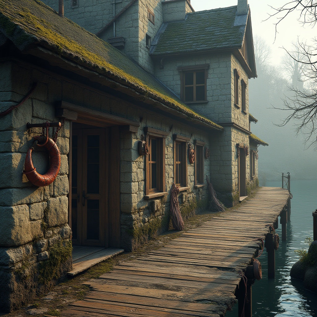 Prompt: Rugged boathouse, weathered wooden planks, distressed metal beams, rough-hewn stone walls, industrial pipes, exposed ductwork, brutalist architecture, fortress-like structure, rustic nautical ropes, vintage marine equipment, rusty anchor decorations, moss-covered roofs, overgrown vegetation, serene lake surroundings, misty morning atmosphere, soft warm lighting, shallow depth of field, 1/2 composition, cinematic view, realistic textures, ambient occlusion.