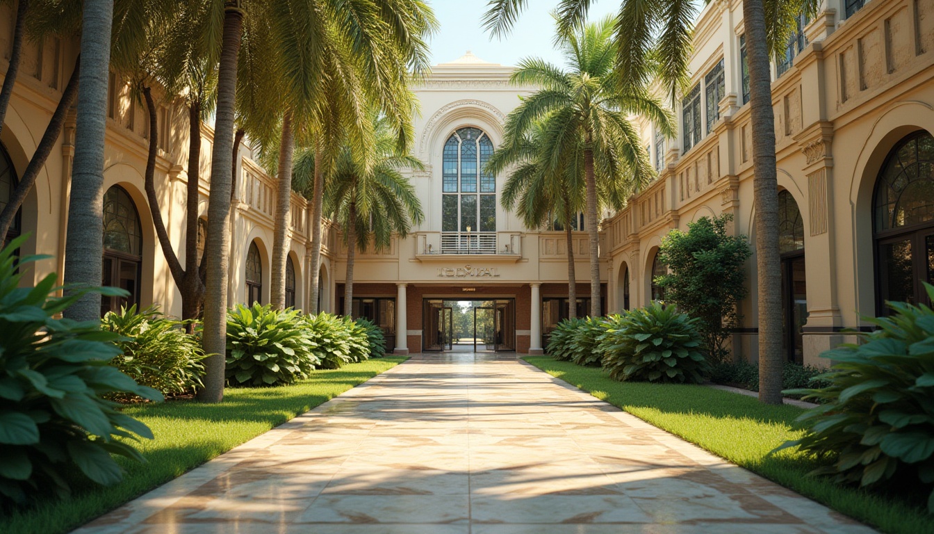 Prompt: Vibrant campus scenery, lush greenery, ornate Art Deco facade, geometric patterns, metallic accents, grand entrance, symmetrical composition, elegant arches, ornamental columns, luxurious materials, marble flooring, intricate moldings, soft warm lighting, shallow depth of field, 3/4 composition, panoramic view, realistic textures, ambient occlusion.