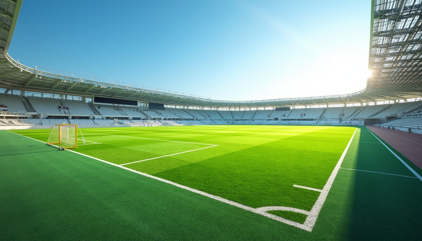 Prompt: Vibrant sports field, lush green grass, bold white lines, bright yellow goalposts, deep blue sky, warm sunny day, athletic tracks, soccer nets, football fields, baseball diamonds, tennis courts, basketball hoops, modern stadium architecture, sleek metal bleachers, durable rubber flooring, natural stone pathways, dynamic lighting systems, shallow depth of field, 3/4 composition, panoramic view, realistic textures, ambient occlusion.