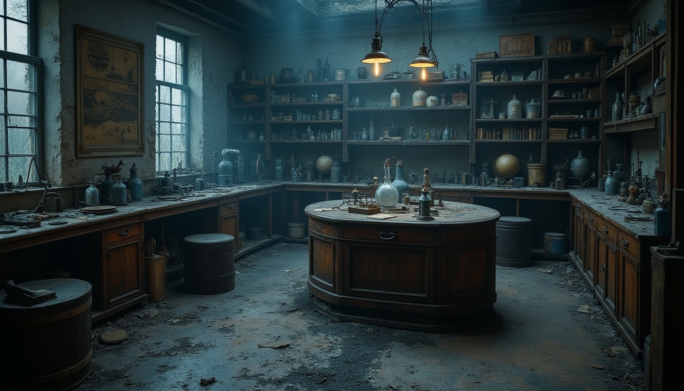 Prompt: Mysterious abandoned laboratory, old wooden shelves, vintage scientific equipment, dusty beakers, Prussian blue pigments, rich dark blues, muted grays, earthy tones, eerie dim lighting, foggy atmosphere, worn stone walls, rusty metal machinery, distressed wood textures, peeling paint, aged leather-bound books, mysterious diagrams, antique globes, soft focus, cinematic composition, moody color grading.