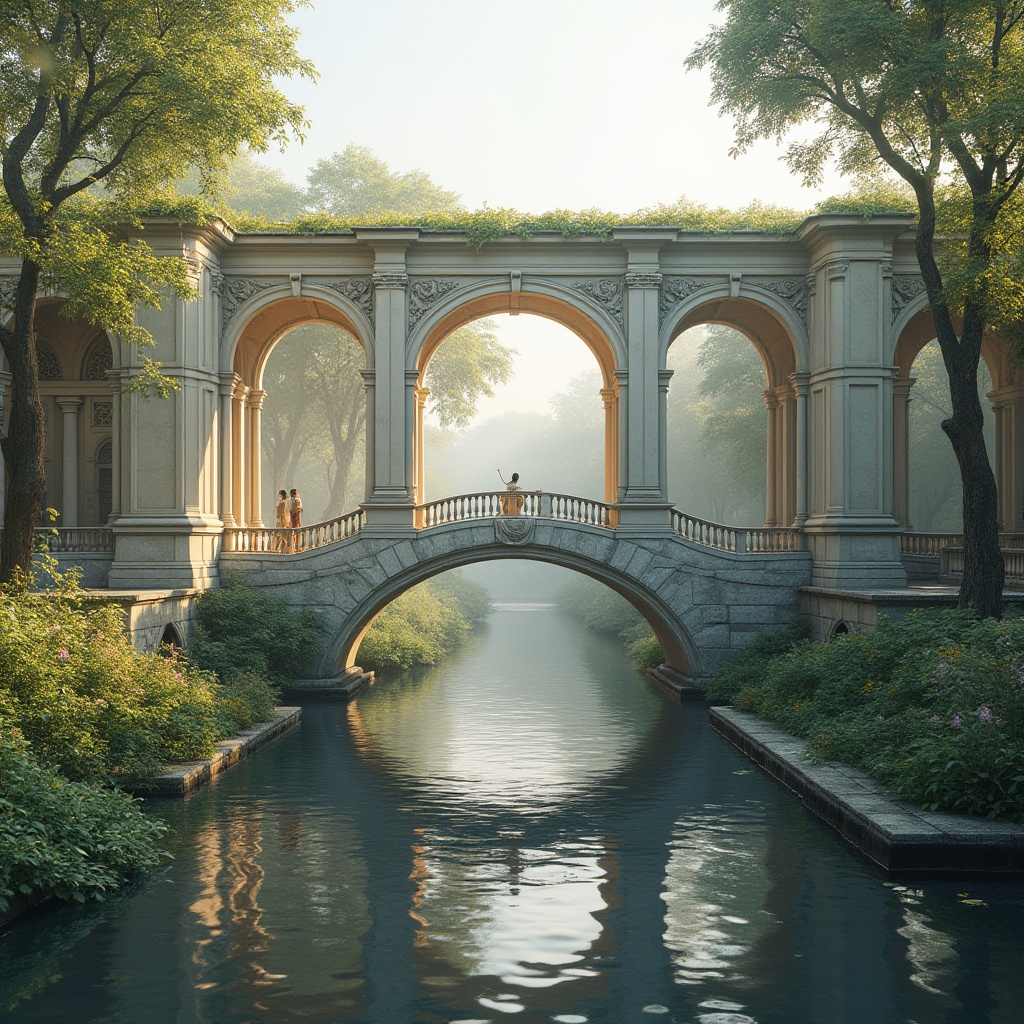 Prompt: Elegant neoclassical bridge, ornate stone carvings, majestic arches, symmetrical composition, eco-friendly materials, recycled steel structures, energy-harvesting LED lighting, solar panels, green roofs, rainwater harvesting systems, permeable pavement, native plant species, lush greenery, serene water reflections, misty morning atmosphere, soft warm lighting, shallow depth of field, 3/4 composition, realistic textures, ambient occlusion.