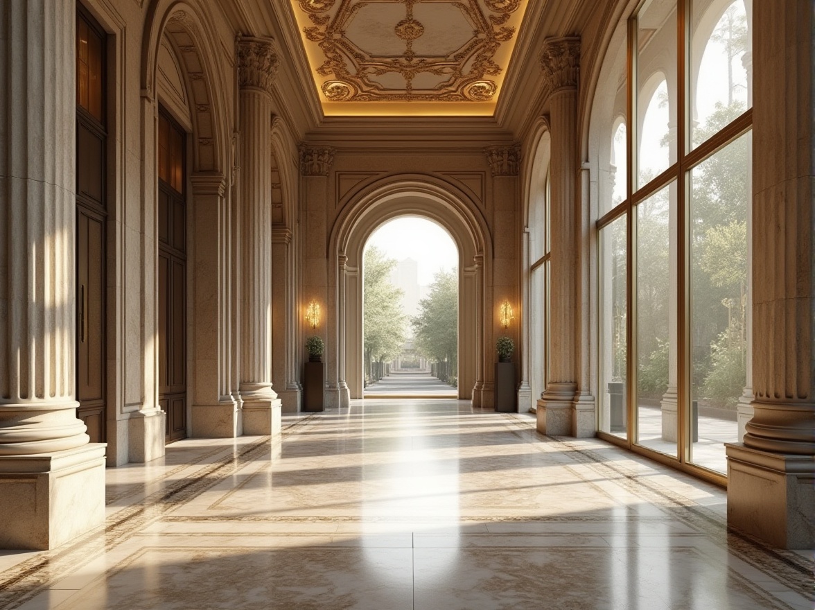 Prompt: Grand entrance, ornate details, symmetrical composition, elegant curves, luxurious materials, marble columns, bronze accents, floor-to-ceiling windows, minimalist decor, natural stone walls, subtle lighting, warm neutral tones, inviting atmosphere, urban cityscape, morning sunlight, shallow depth of field, 1/2 composition, realistic textures, ambient occlusion.