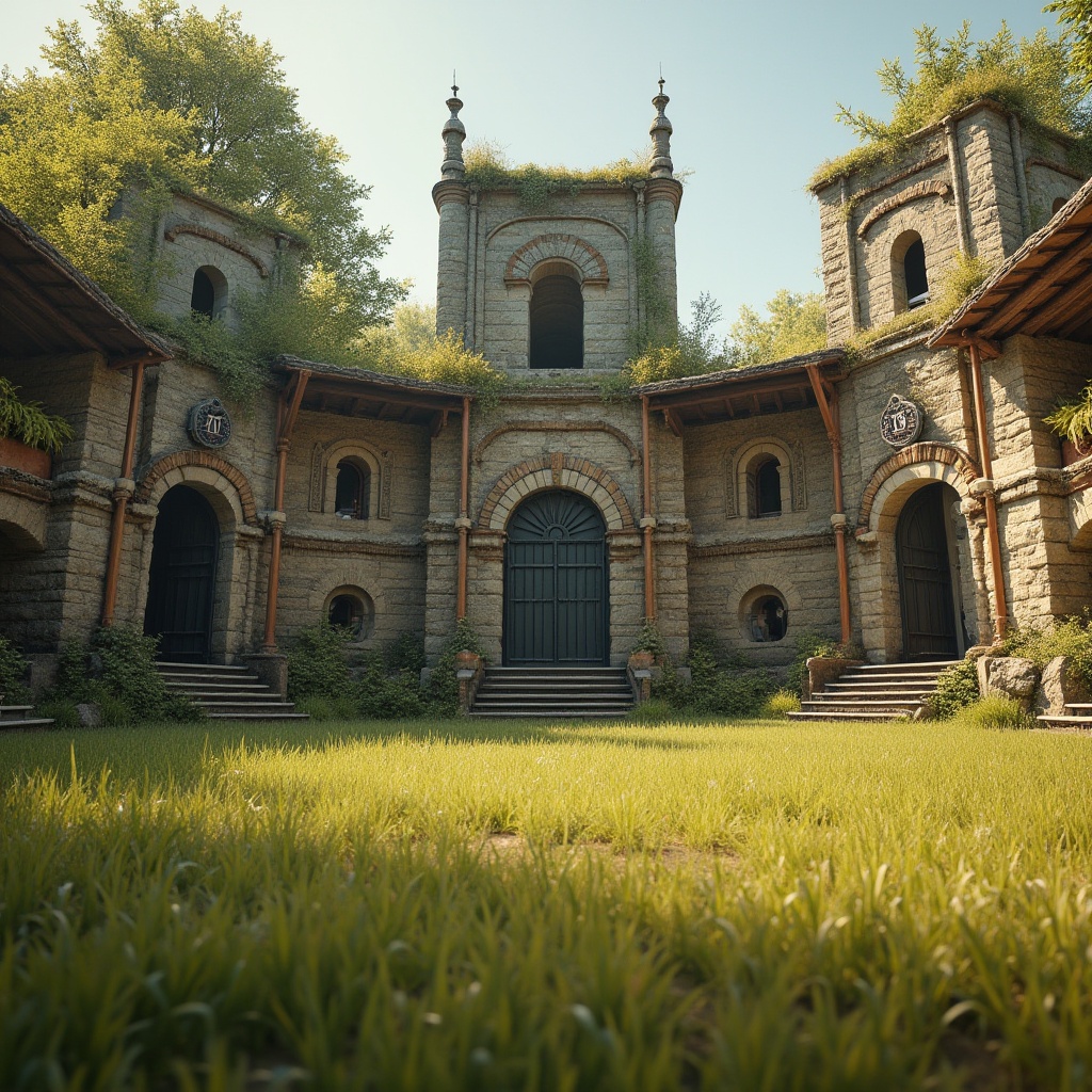 Prompt: Rustic sports field, natural grass terrain, earthy tones, weathered stone walls, ancient-inspired architecture, arched windows, ornate metal gates, vintage scoreboard, distressed wood benches, nostalgic lanterns, warm afternoon sunlight, soft focus, 1/2 composition, cinematic atmosphere, realistic textures, ambient occlusion.