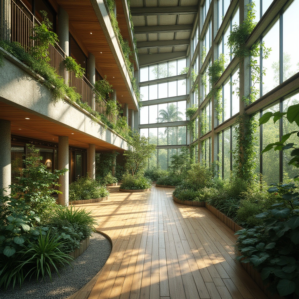 Prompt: Eco-friendly buildings, green roofs, living walls, recycled metal frames, low-carbon concrete, bamboo flooring, reclaimed wood accents, energy-efficient systems, solar panels, wind turbines, rainwater harvesting, grey water reuse, organic gardens, native plant species, natural ventilation, clerestory windows, skylights, minimal waste construction, repurposed materials, FSC certified timber, cradle-to-cradle design, biophilic architecture, abundant natural light, soft diffused lighting, 3/4 composition, shallow depth of field.