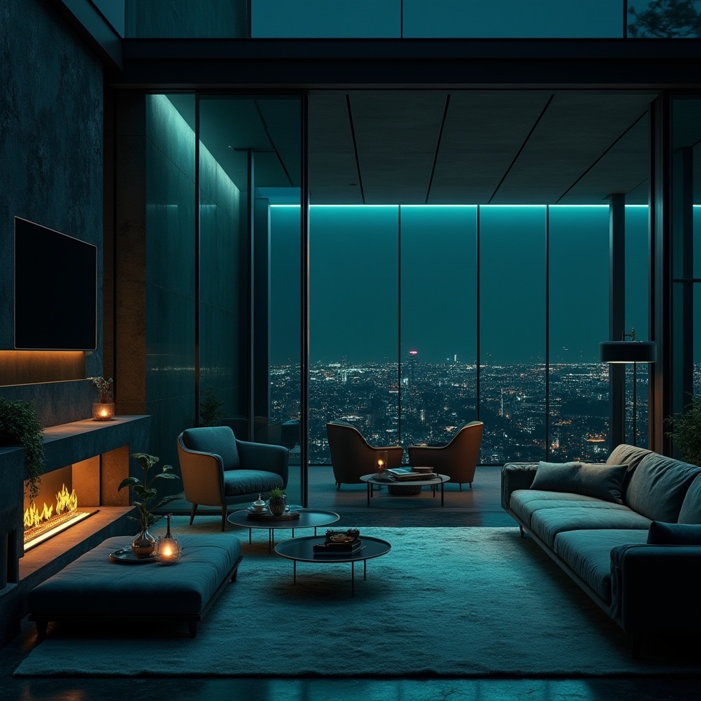 Prompt: Deep dark cyan hues, modern minimalist architecture, sleek glass facades, metallic accents, luxurious living spaces, sophisticated interior design, low-lit ambiance, moody atmospheric lighting, rich textures, velvety soft furnishings, bold geometric patterns, abstract art pieces, trendy decorative accessories, urban cityscape views, nighttime scenery, dramatic shadows, high-contrast composition, cinematic lighting effects.