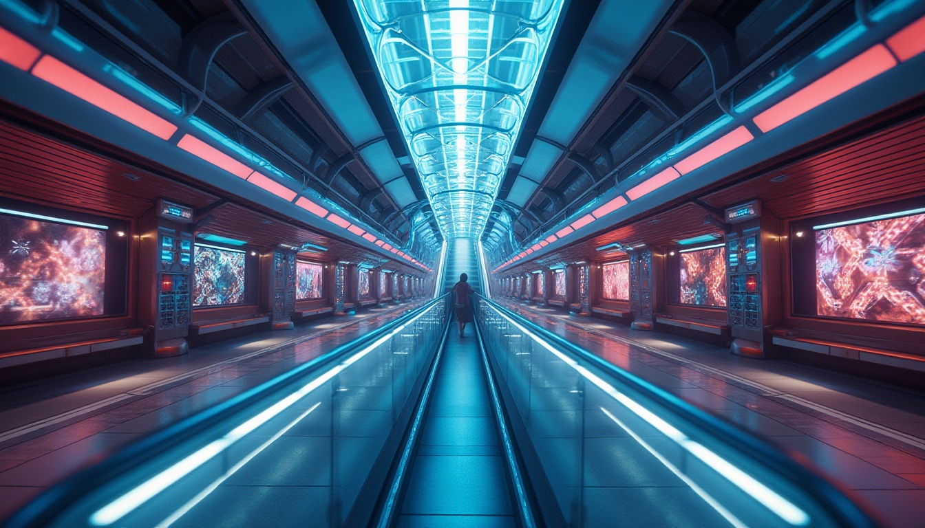 Prompt: Futuristic metro station, sleek modern architecture, vibrant LED lighting, neon color schemes, dynamic pattern displays, illuminated escalators, glass ceilings, polished metal surfaces, minimalist seating areas, urban cityscape, rush hour atmosphere, soft warm glow, high-contrast shadows, 1/2 composition, cinematic view, realistic reflections, ambient occlusion.