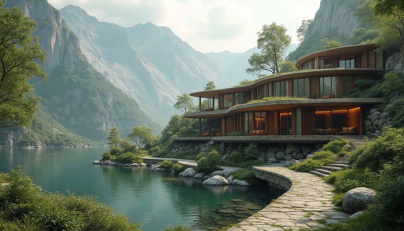 Prompt: Mountainous terrain, serene lakeside, lush green forests, winding stone pathways, modern curved architecture, large windows, sliding glass doors, natural ventilation systems, cantilevered structures, organic shapes, earthy color palette, weathered wooden accents, living roofs, rainwater harvesting systems, solar panels, wind turbines, eco-friendly materials, sustainable design, soft warm lighting, shallow depth of field, 3/4 composition, panoramic view, realistic textures, ambient occlusion.