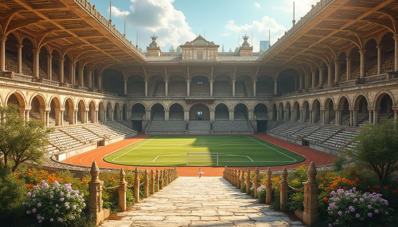 Prompt: Ancient Roman-inspired sports stadium facade, ornate archways, rusticated stone walls, grand colonnades, vaulted ceilings, intricate carvings, weathered bronze details, lush greenery, vibrant flowers, athletic track, soccer field, tennis courts, basketball hoops, goalposts, spectator seating, natural stone walkways, warm sunny day, soft golden lighting, shallow depth of field, 3/4 composition, panoramic view, realistic textures, ambient occlusion.