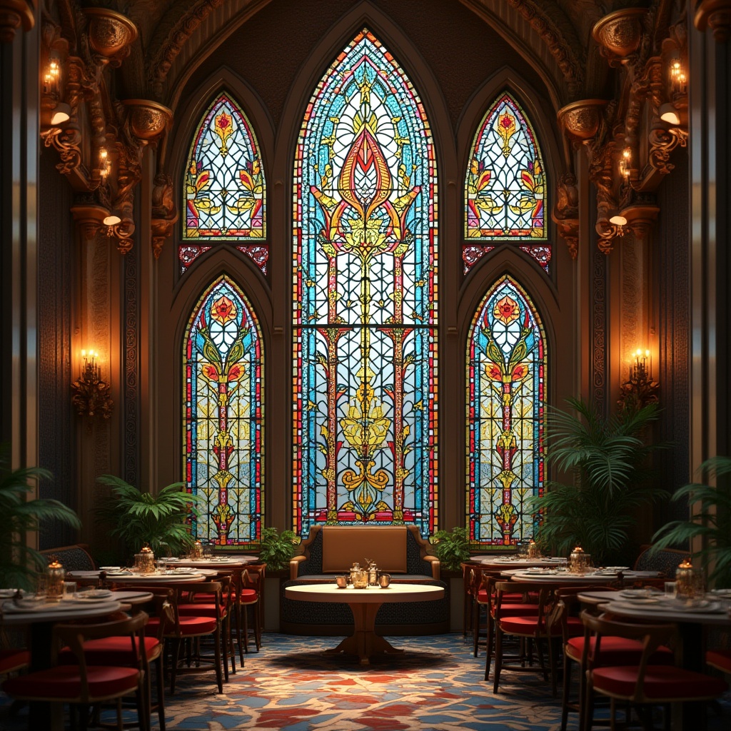 Prompt: Intricate stained glass designs, vibrant colors, ornate patterns, geometric shapes, luxurious materials, opulent decorations, lavish furnishings, Art Deco style, glamorous ambiance, ornamental details, metallic frames, delicate textures, warm lighting effects, shallow depth of field, 1/2 composition, realistic reflections, ambient occlusion.