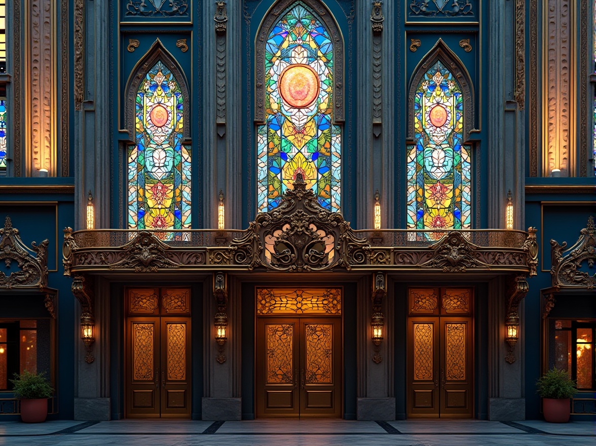 Prompt: Art Deco building facade, ornate stained glass windows, vibrant geometric patterns, kaleidoscope colors, luxurious materials, metallic frames, intricate designs, opulent architecture, lavish decorations, symmetrical compositions, bold shapes, bright lighting, dramatic shadows, high-contrast colors, detailed textures, ornamental details, refined elegance, sophisticated ambiance.