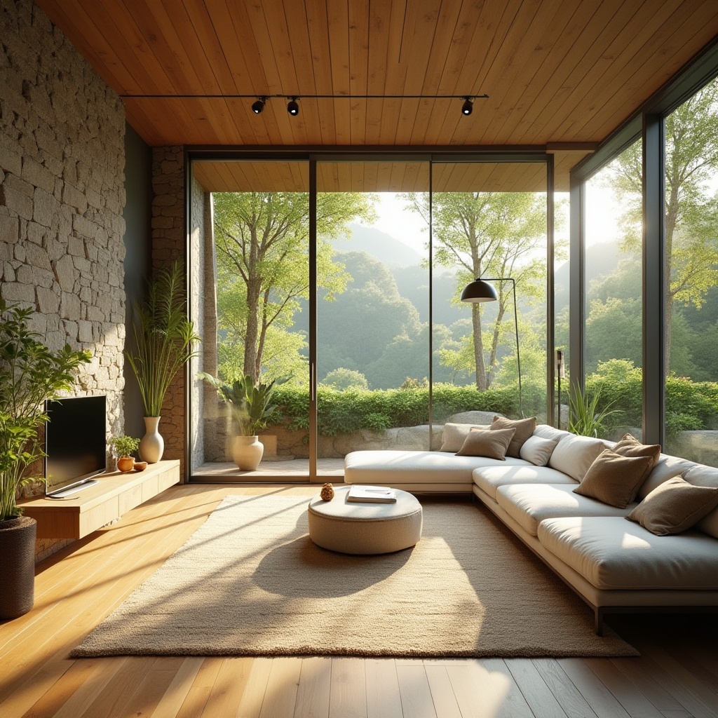 Prompt: Vibrant living room, large windows, sliding glass doors, natural stone walls, wooden flooring, greenery views, sunny day, soft warm lighting, shallow depth of field, 3/4 composition, panoramic view, realistic textures, ambient occlusion, modern minimalist design, eco-friendly materials, innovative cooling technologies.