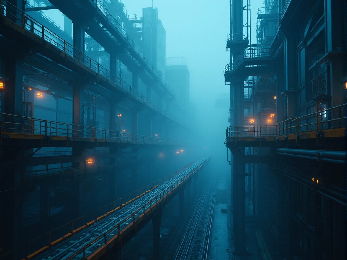 Prompt: Industrial factory setting, futuristic machinery, neon lights, metallic catwalks, exposed pipes, steel beams, modern conveyor belts, robotic arms, LED displays, urban cityscape, dense fog, dark misty atmosphere, high-angle shot, dramatic shadows, cold blue tones, industrial textures, ambient Occlusion, 1-point perspective composition.