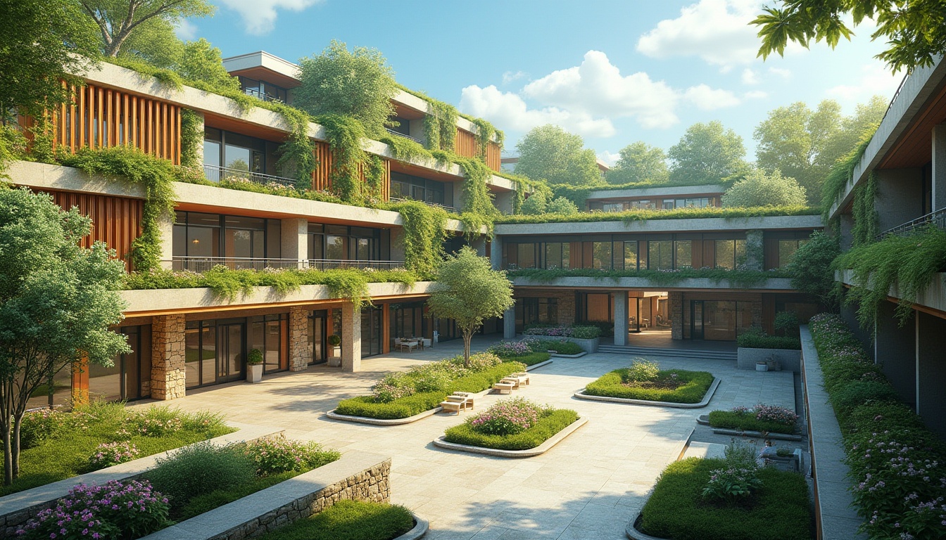 Prompt: Vibrant high school campus, lush green roofs, vertical gardens, outdoor classrooms, natural stone walls, modern architecture, large skylights, wooden accents, educational signage, winding walkways, shaded courtyards, blooming trees, sunny day, soft warm lighting, shallow depth of field, 3/4 composition, panoramic view, realistic textures, ambient occlusion.