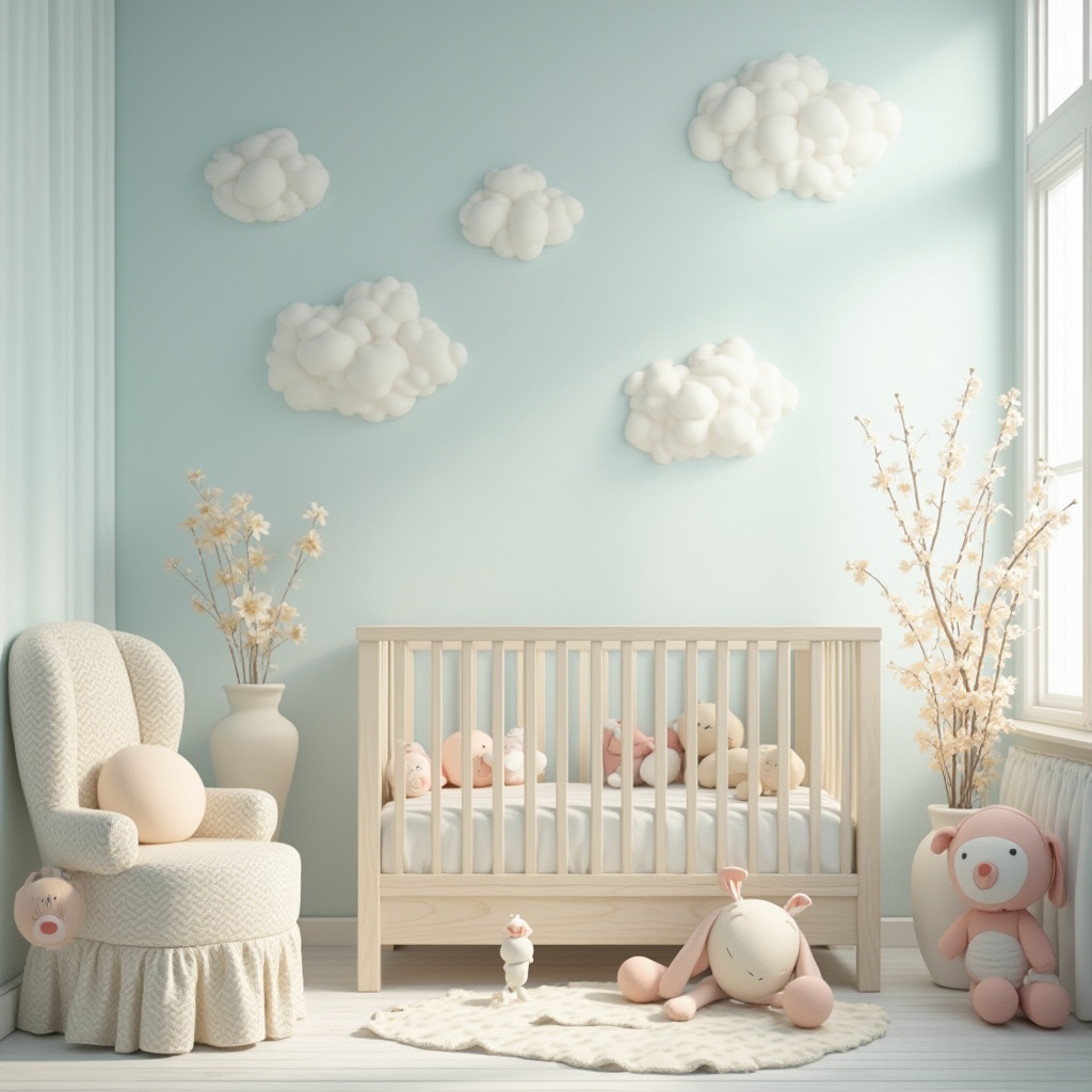 Prompt: Soft baby blue hues, calming atmosphere, serene nursery setting, gentle clouds, fluffy white textures, wooden crib furniture, delicate lace patterns, pastel-colored balloons, playful stuffed animals, creamy whites, pale peach accents, natural light pouring through windows, shallow depth of field, warm color temperature, 1/1 composition, realistic renderings, ambient occlusion.