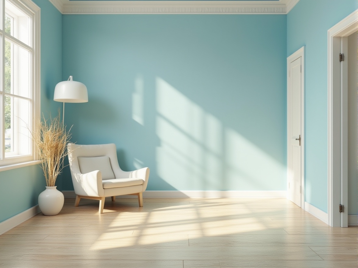 Prompt: Vibrant sky blue accent walls, soft creamy white trim, warm beige flooring, natural wood textures, sleek modern furniture, minimalist decor, airy open spaces, abundant sunlight, gentle cloud formations, subtle gradient effects, 1/1 composition, shallow depth of field, realistic atmospheric scattering, ambient occlusion.