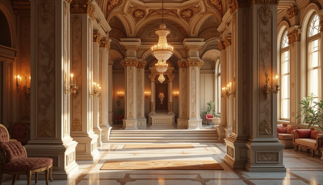 Prompt: Ornate columns, carved stone capitals, intricate moldings, symmetrical facades, grand entranceways, ornamental pediments, decorative pilasters, rusticated bases, classical arches, rounded domes, gilded accents, polished marble floors, lavish chandeliers, sweeping staircases, rich velvet drapes, antique furnishings, warm golden lighting, shallow depth of field, 1/1 composition, realistic textures, ambient occlusion.