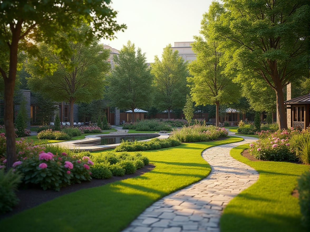 Prompt: Manicured lawns, vibrant flower beds, ornamental trees, meandering pathways, decorative ponds, water features, natural stone walls, wooden fences, lush greenery, outdoor seating areas, modern street lamps, subtle lighting effects, warm summer evening, shallow depth of field, 1/1 composition, realistic textures, ambient occlusion.