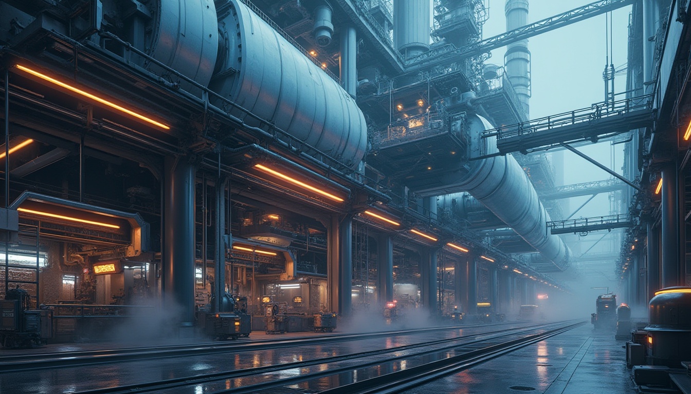 Prompt: Futuristic factory building, metallic facade, neon lights, sleek lines, minimalist design, industrial materials, exposed pipes, steel beams, mechanical components, robotic arms, automated production lines, LED screens, holographic displays, futuristic typography, cyberpunk-inspired colors, high-tech gadgetry, dynamic lighting effects, misty atmosphere, shallow depth of field, 1/1 composition, realistic textures, ambient occlusion.