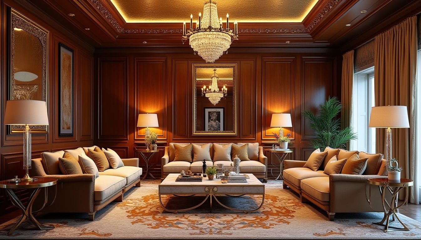 Prompt: Opulent living room, lavish furnishings, rich wood paneling, ornate mirrors, metallic accents, geometric patterns, luxurious textiles, velvet sofas, marble coffee tables, crystal chandeliers, intricate moldings, glamorous lighting fixtures, bold color schemes, high-gloss finishes, ornamental ceilings, lavish floor lamps, plush area rugs, sophisticated ambiance, warm golden lighting, shallow depth of field, 1/1 composition, realistic reflections.