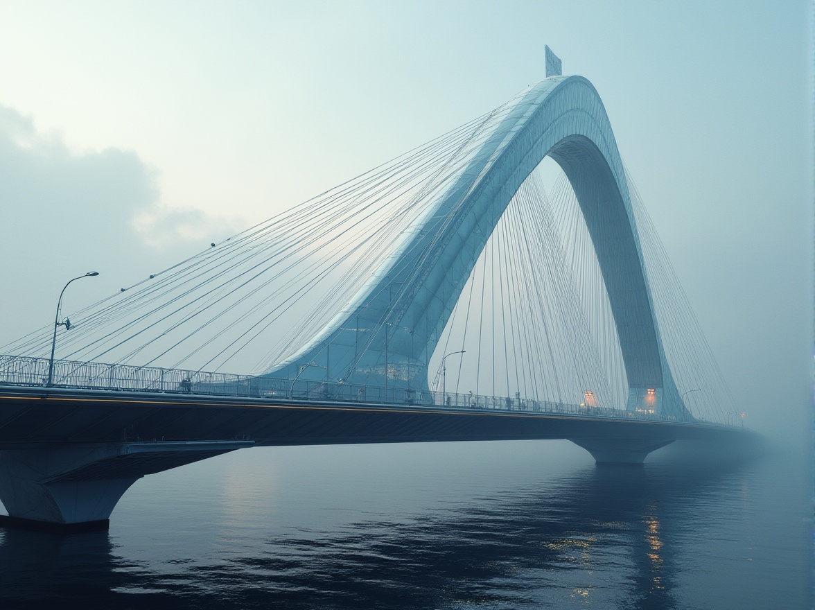 Prompt: Futuristic bridge design, sleek metal arches, suspended cable systems, gleaming steel beams, minimalist piers, modern high-tech aesthetics, dynamic lighting effects, neon-lit accents, reflective glass railings, cantilevered walkways, angular support structures, aerodynamic shapes, high-strength concrete foundations, futuristic urban landscapes, misty morning atmosphere, shallow depth of field, 3/4 composition, panoramic view, realistic metallic textures, ambient occlusion.