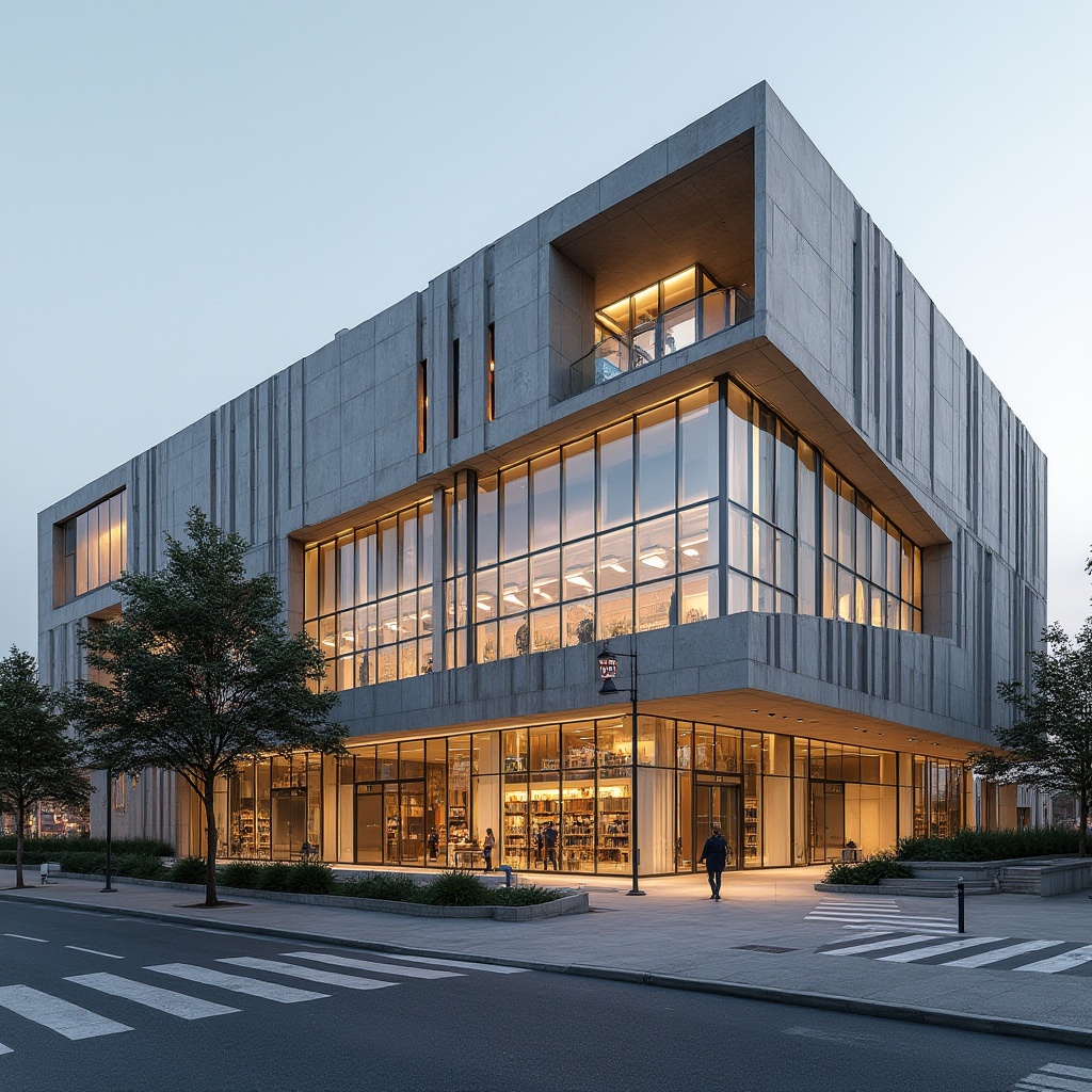 Prompt: Modern library facade, large glass windows, minimalistic frames, sleek metal lines, cantilevered rooflines, open atriums, natural stone cladding, LED lighting systems, geometric patterns, abstract sculptures, urban cityscape, busy streets, morning sunlight, soft shadows, 1/1 composition, wide-angle lens, high-contrast ratio, realistic reflections.