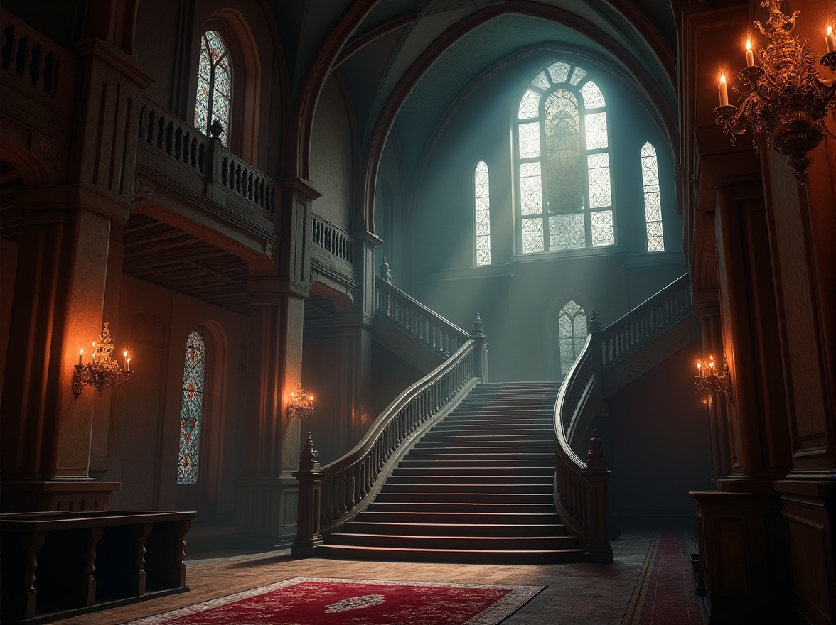 Prompt: Vaulted ceilings, ribbed arches, stained glass windows, ornate wooden furnishings, intricate stone carvings, grandiose chandeliers, rich velvet drapes, mysterious ambiance, dim warm lighting, dramatic shadows, atmospheric fog effects, grand staircase, sweeping curves, symmetrical composition, 1/1 aspect ratio, low-angle shot, cinematic mood, realistic textures, ambient occlusion.